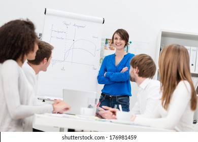 Attractive Confident Female In House Corporate Trainer Giving A Presentation To A Group Of Businesspeople Using A Flipchart