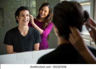 Attractive Couple Beautiful Hair Woman Loves Mans Full Head Of Healthy Haircut