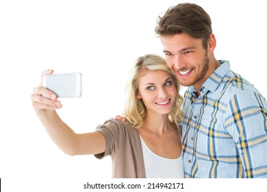 Attractive Couple Taking A Selfie Together On White Background