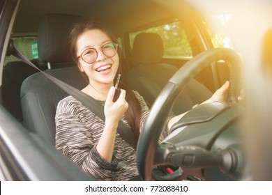 Attractive Cute Young Asian Woman In Casual Wear Ready To Go To Travel By While Driving Car. Smile And Happy Time To Travel Or Rest Concept. Filtered Image. Soft Light Effect Added. Fasten Seat Belt.