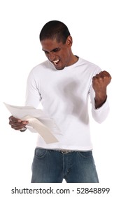 An Attractive Dark-skinned Man Getting Good News Via Mail. All On White Background.