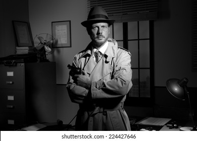 Attractive Detective Holding A Revolver With Retro Office On Background, Film Noir.