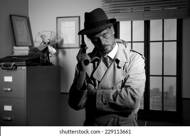 Attractive Detective Holding A Revolver With Retro Office On Background, Film Noir.