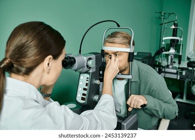 Attractive doctor examining a mans eye in a professional setting. - Powered by Shutterstock