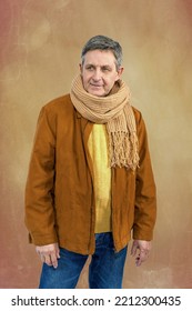 Attractive Elderly Man Elegantly Dressed In Sweater Jacket And Scarf