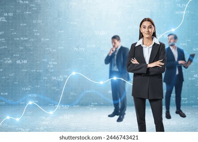 Attractive european businesspeople with devices and creative growing index business chart in toned concrete interior. Financial growth, team and invest concept - Powered by Shutterstock