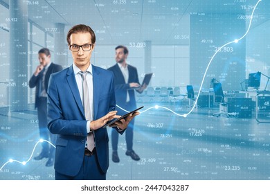 Attractive european businesspeople with devices and creative growing index business chart in toned office interior. Financial growth, team and invest concept - Powered by Shutterstock