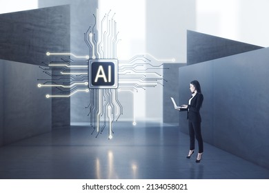 Attractive European Businesswoman With Laptop Computer Standing In Concrete Interior With Abstract Micro Chip. AI And Technology Concept