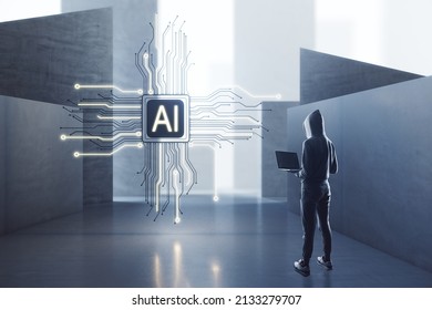 Attractive European Hacker With Laptop Computer Standing In Concrete Interior With Abstract Micro Chip. AI And Technology Concept