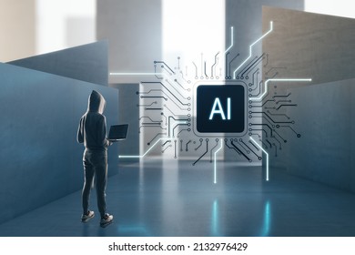 Attractive European Hacker With Laptop Standing In Concrete Interior With Abstract Micro Chip. AI And Technology Concept