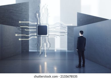 Attractive European Male Standing In Concrete Interior With Abstract Micro Chip And Mock Up Place. AI And Technology Concept