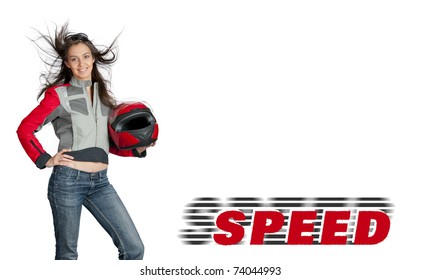 Attractive Female Biker With Fly-away Hair, Dressed In Jacket And Holding Red Motorbike Helmet. Studio Shot Isolated On White Background With Copyspace