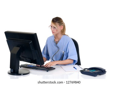 Attractive Female Doctor Working, Admin Work, White Background,  Studio Shot.