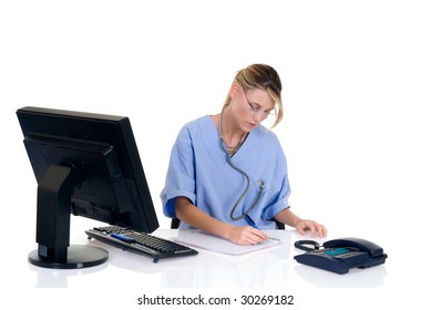 Attractive Female Doctor Working, Admin Work, White Background,  Studio Shot.