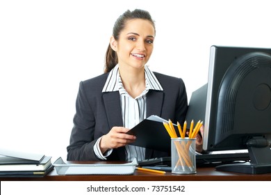 Attractive Female Office Worker Checks Something In Her Documents, Folder, Isolated On White Background