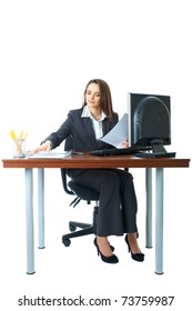 Attractive Female Office Worker Checks Something In Her Documents, Folder, Isolated On White Background