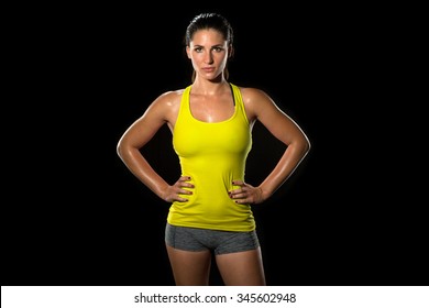 Attractive Fit Thin Slim Toned Female Body Athlete Isolated On Black Standing Confidently Pose Powerful Woman