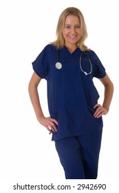 Attractive Friendly Smiling Blond Woman Nurse Wearing Dark Blue Scrubs With Hands On Waist Wearing A Stethoscope Standing On White