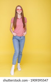 Attractive Girl Blue Jeans Pink Tshirt Stock Photo 1909395547