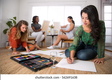 Attractive Group Of Mixed Race Diverse Women Artists Bonding And Unplugging With Art Therapy 