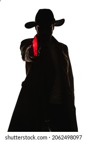 Attractive Guy Wearing Trench Coat And A Hat, Pointing His Laser Sight Gun