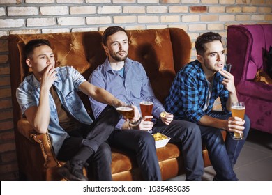 Attractive Guys Glasses Beer Watching Tv Stock Photo 1035485035