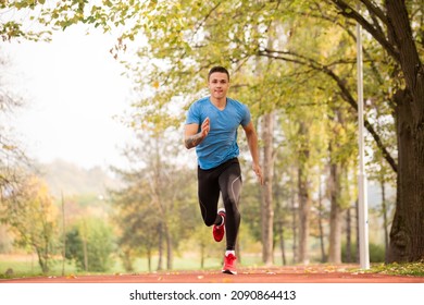 Attractive And Handsome Guy Is Running Fast Towards The Camera In The Park On A Sunny Day