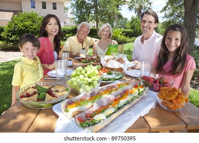 An Attractive Happy, Smiling Family Of Mother, Father, Grandparents, Son And Daughter Eating Healthy Food At A Picnic Table Outside