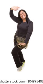 Attractive Hispanic Woman Dancing On A White Background.