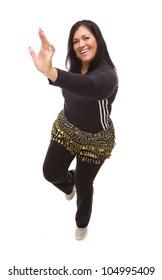 Attractive Hispanic Woman Dancing On A White Background.