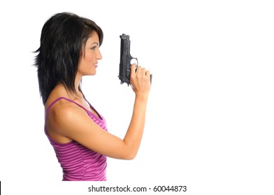 attractive hispanic woman profile holding a pistol on a white background