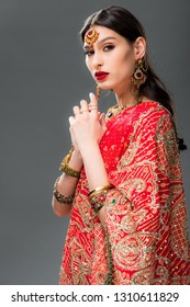 Attractive Indian Woman In Sari And Bindi, Isolated On Grey 