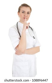 attractive lady doctor ordering silence, white background