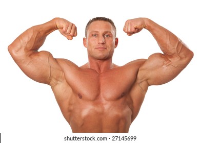 Attractive Male Body Builder, Demonstrating Contest Pose, Isolated On White Background