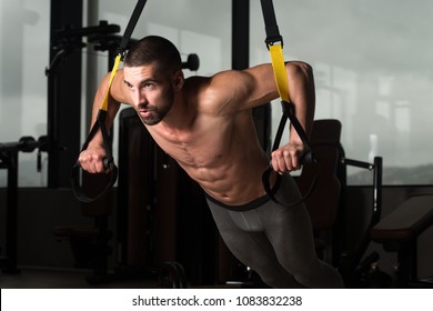 Attractive Man Does Crossfit With Trx Fitness Straps In The Gym's Studio