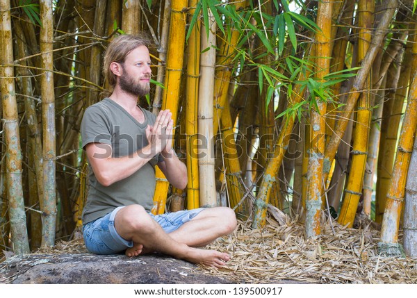 Attractive Man Doing Yoga Outdoor Bamboo Stock Photo Edit Now