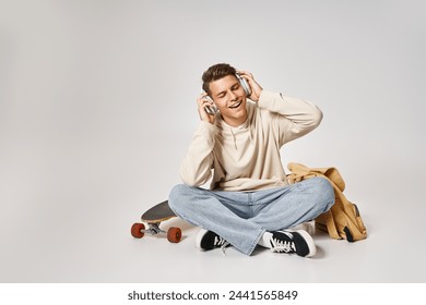 attractive man in headphones sitting with backpack and skateboard and listening to music - Powered by Shutterstock