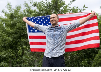 Attractive man holding Flag of the United States on blue sky background on a clear, sunny day. View from the back, close-up. National holiday concept - Powered by Shutterstock