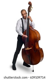 Attractive Man Playing Melody On Contrabass. Retro Style Clothing, A Big String Instrument. Isolated On White Background. Jazz Musician, Swing, Blues.