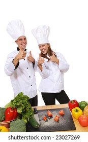 Attractive Man And Woman Chefs Celebrating Success