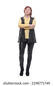 Attractive Mature Woman In Leather Trousers And Vest.