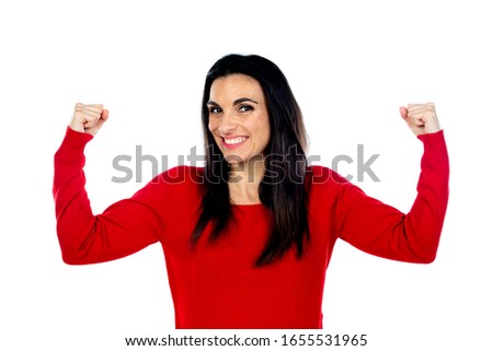Attractive mature woman wearing red jersey isolated on a white background
