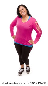 Attractive Middle Aged Hispanic Woman In Workout Clothes Against A White Background.