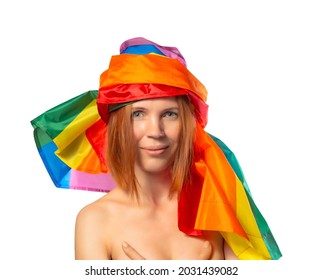 Attractive Middle Aged Woman With Rainbow Flag Coiled On Her Head Isolated On White Background. LGBT International Symbol Of The Lesbian, Gay, Bisexual And Transgender Community