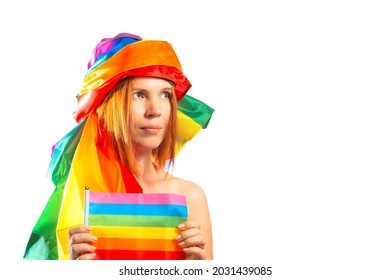 Attractive Middle Aged Woman With Rainbow Flag Coiled On Her Head Isolated On White Background. LGBT International Symbol Of The Lesbian, Gay, Bisexual And Transgender Community