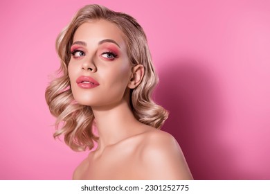 Attractive model girlfriend naked shoulders flawless neck body skin look empty space studio pink pastel background