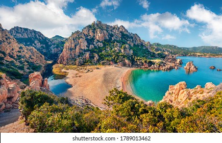 Attractive morning view of Li Cossi beach. Fantastic summer scene of Costa Paradiso, Sardinia island, Italy, Europe. Wonderful Mediterranean seascape. Beauty of nature concept background.