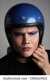 Attractive Motor Biker In Blue Helmet Mockup Set. Vertical Headshot.