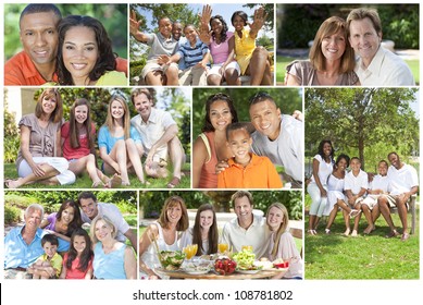 Attractive Multicultural Families Mothers, Fathers, Sons, Daughters, Grandparents Outside Having Fun In The Summer Sunshine, Eating, Sitting, Smiling, Waving, Laughing, Happy