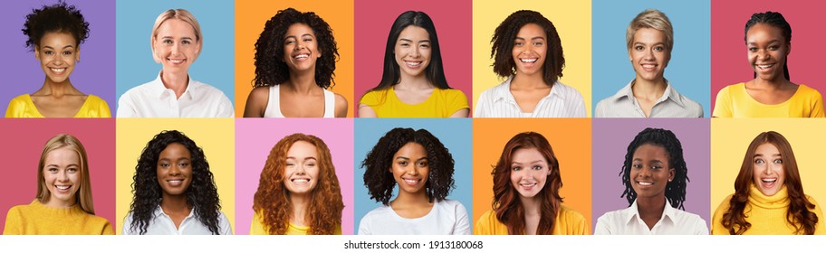 Attractive multiracial ladies smiling on colorful backgrounds, set of face portraits, panorama, creative image. Photos of multiethnic women of different ages, hairstyles, looks. Female beauty concept
